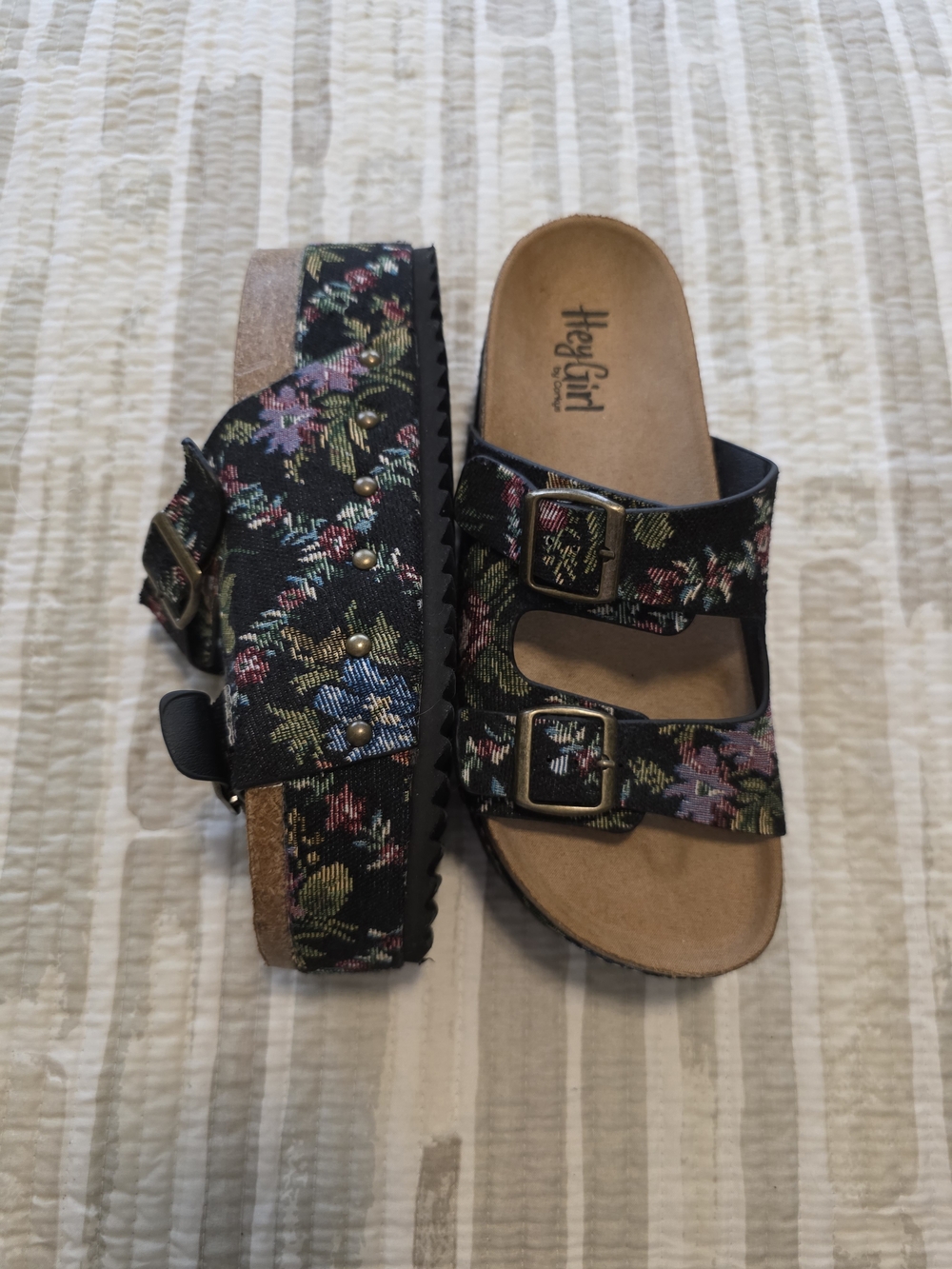 Hey Girl Black Floral Platform Slide Sandals with Buckles
